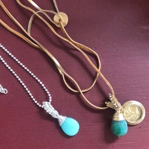 2 Pendant Necklaces, Turquoise/Silver, Green/Gold